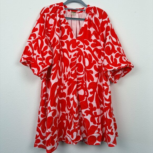 Magaschoni Linen Puff Sleeve Dress - Poppy Red & White Size M - Picture 2 of 9